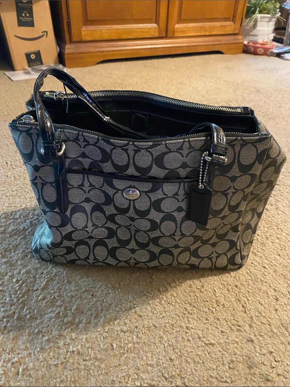 Coach REHAB Gray and Black Signature Tote Shoulder Bag